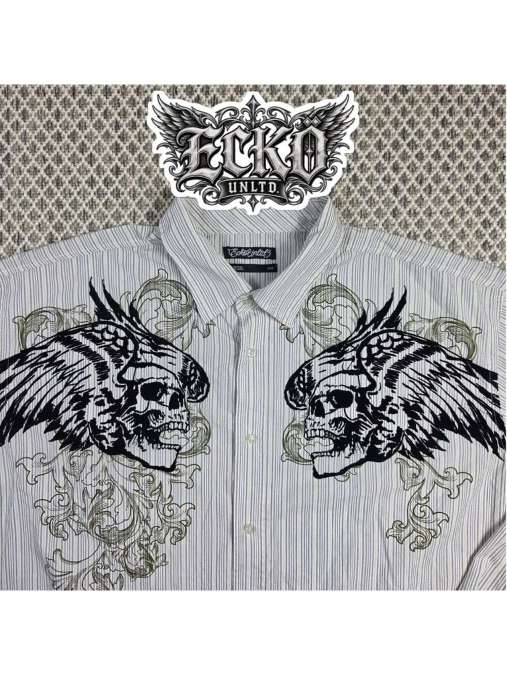 Vintage Y2K Ecko Unltd 2XB Skull Wings Graphic Button Up Shirt Hip Hop